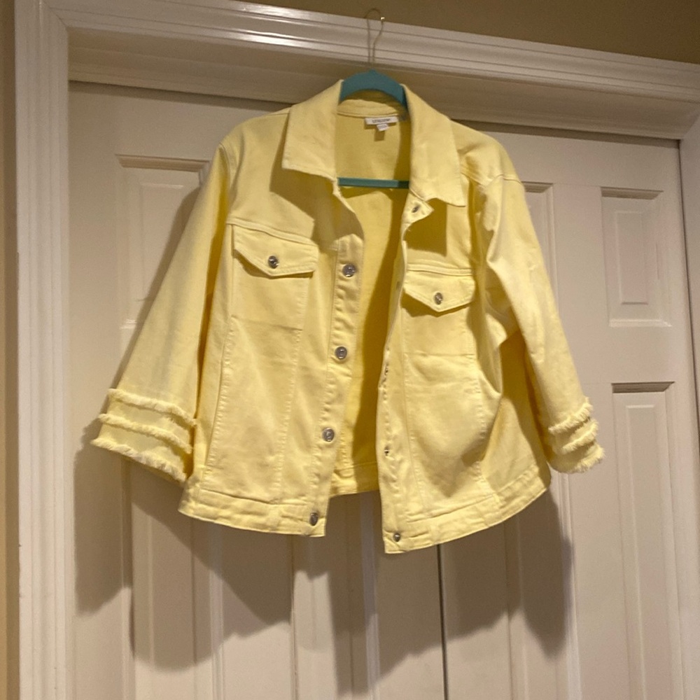 Chico’s butter yellow triple fringed denim jacket Size 3